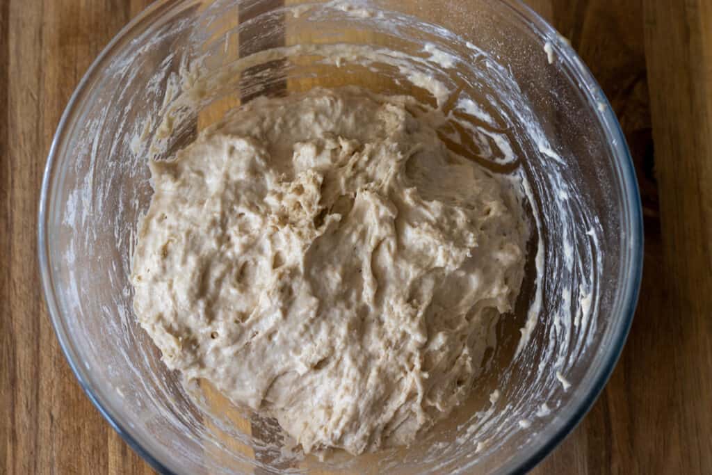 The remaining flour and salt is added yeast mixture.