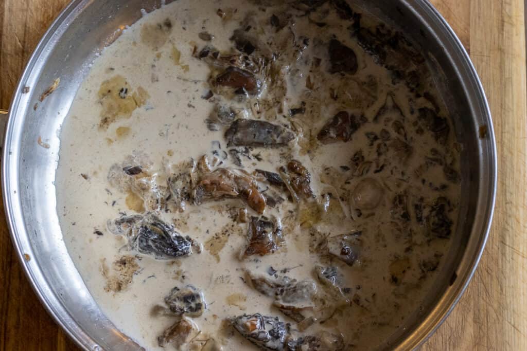 The mushrooms cooked until soft.