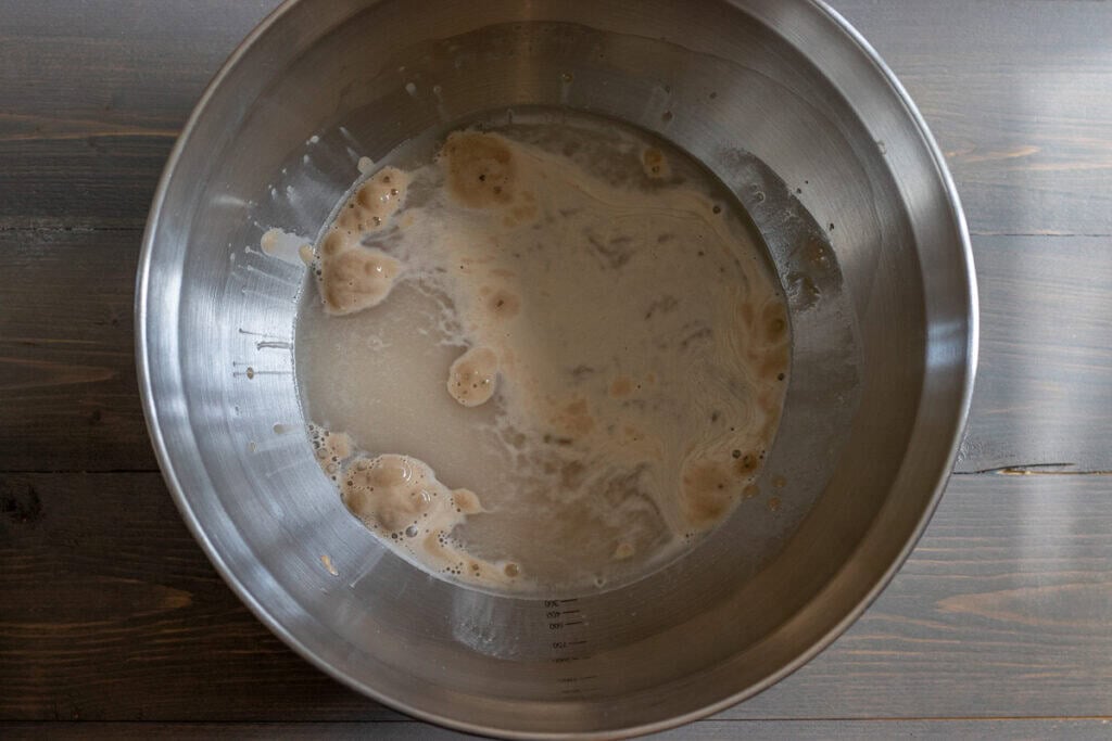 The yeast is active and bubbly after 10 minutes.
