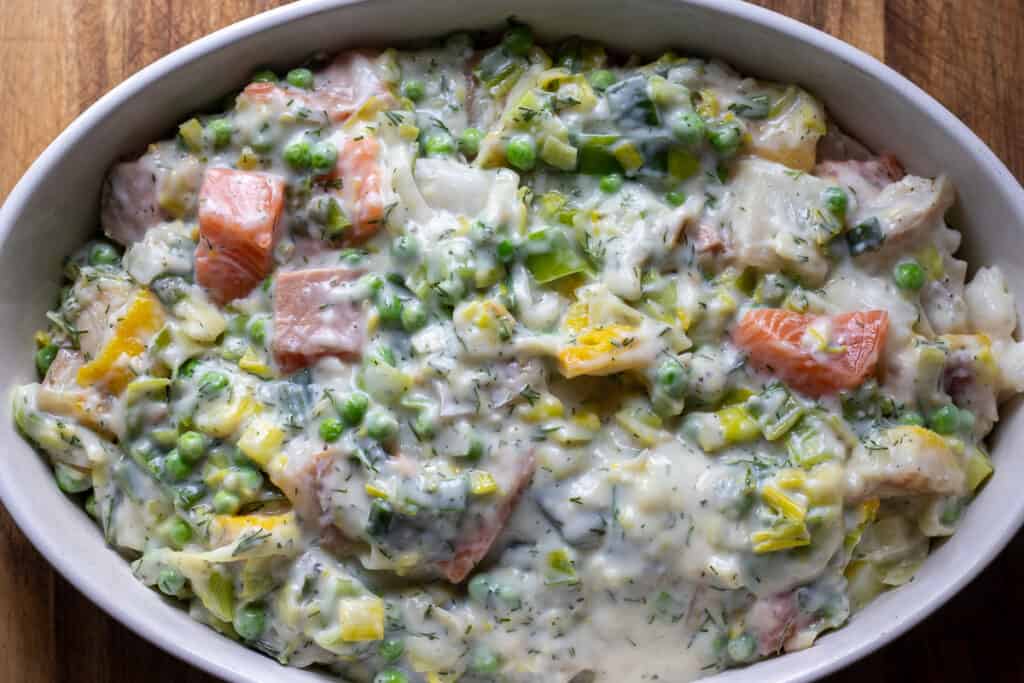 The filling transferred to a baking dish.