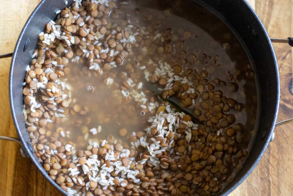 Precooked lentils, rice, and water are placed in a pan.