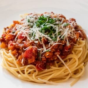 Classic bolognese sauce served with spaghetti
