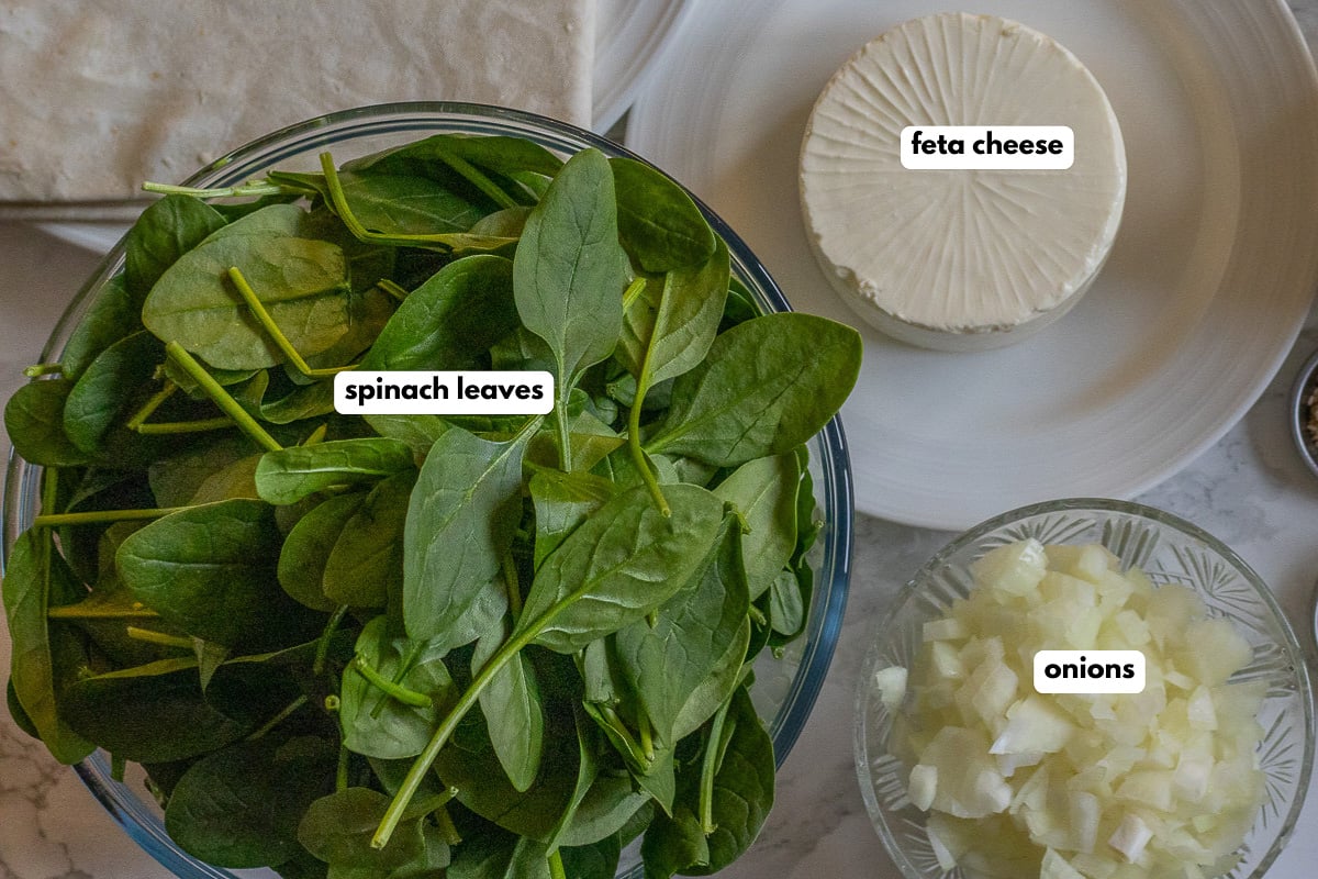 Labelled ingredients for the spinach feta filling.