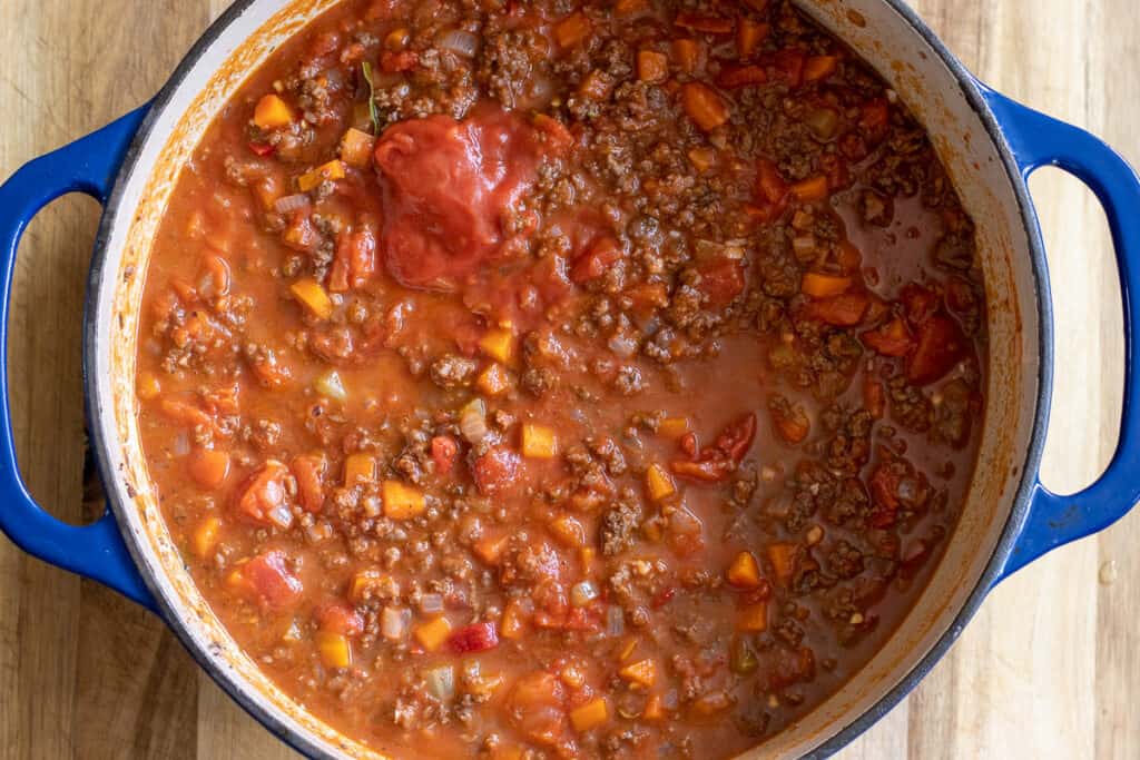 The meat sauce is ready to simmer for two hours.