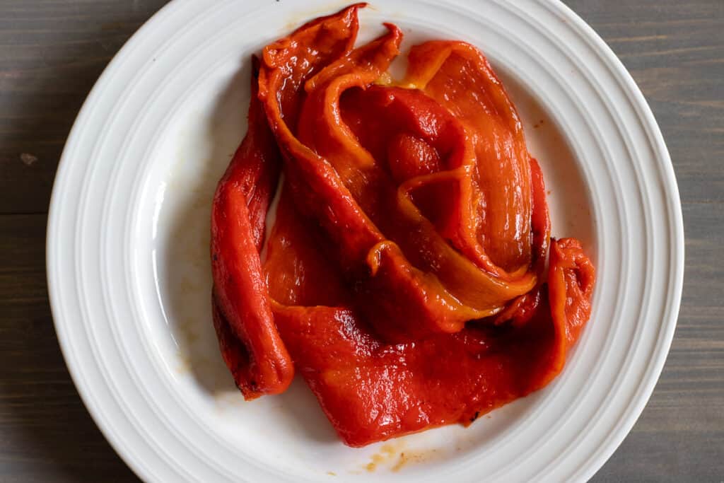 Grilled red pepper and chilli, peeled and deseeded.