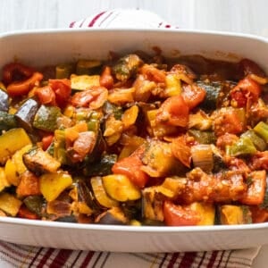 French vegetable stew made with aubergines, courgettes, onions, peppers and tomatoes.