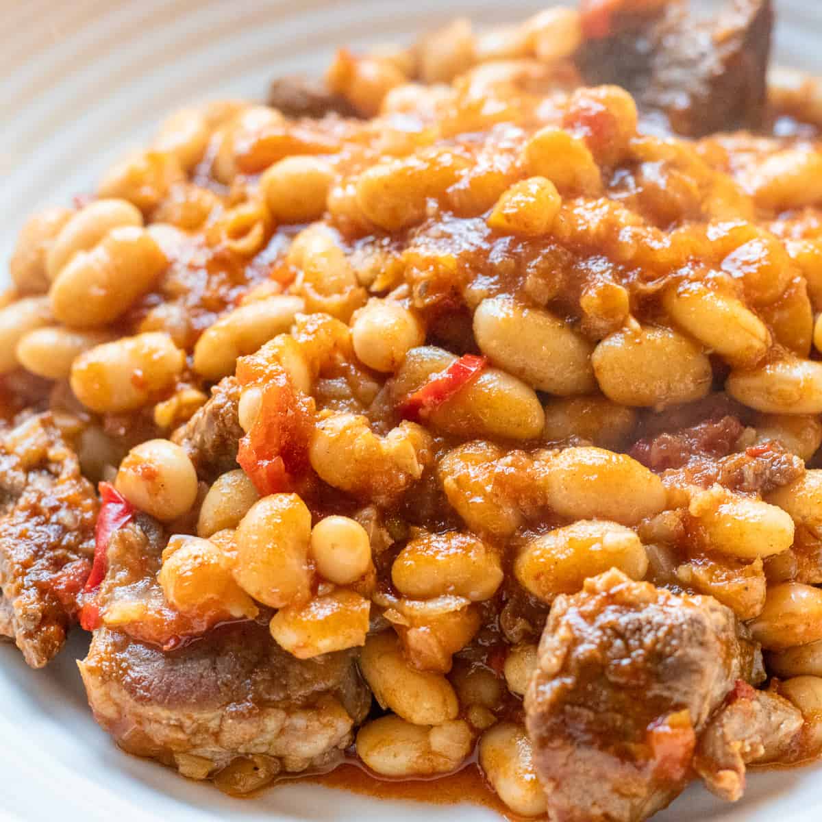 Rich and hearty white bean stew with lamb served on a plate.