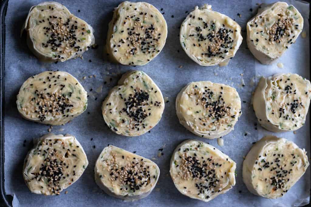 The sliced borek brushed with egg wash.
