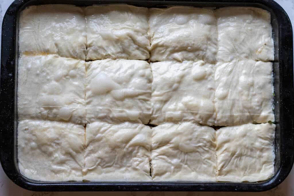 Phyllo pie is cut into 12 squares.