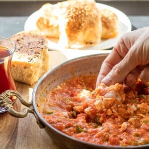 Menemen is served with turkish tea