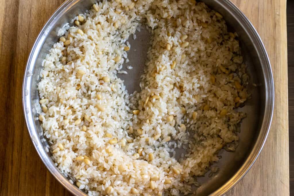 Sautéing the rice.