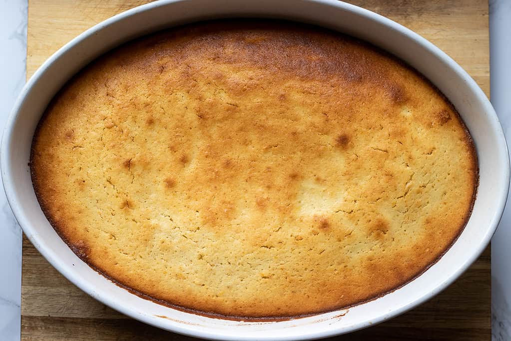 Revani cake is baked until golden.