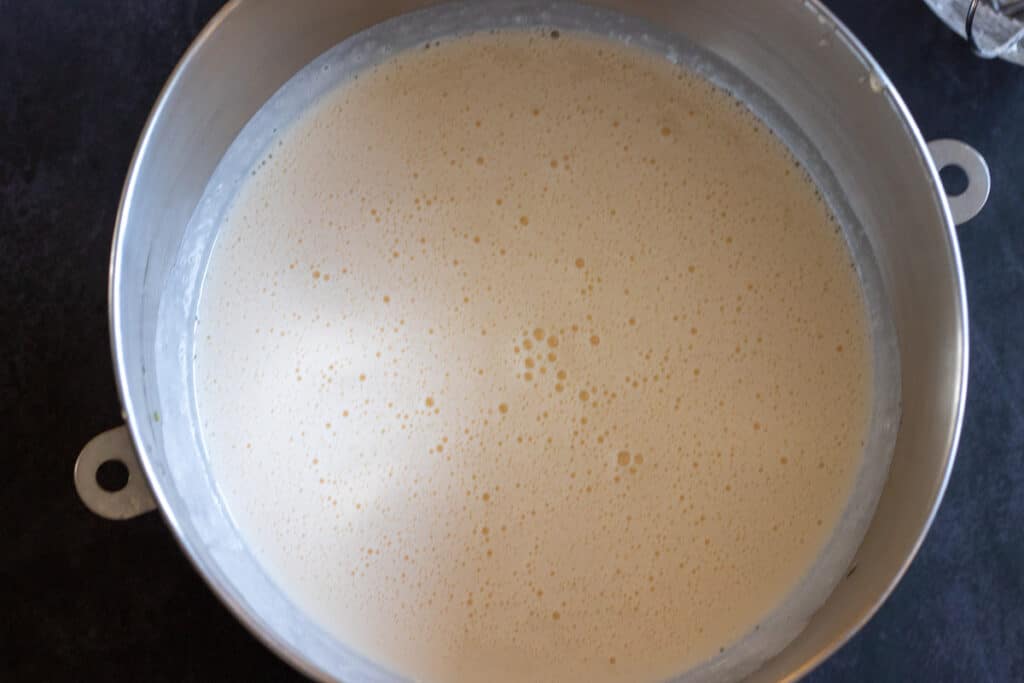 Yogurt, orange juice, and oil are added to the eggs.