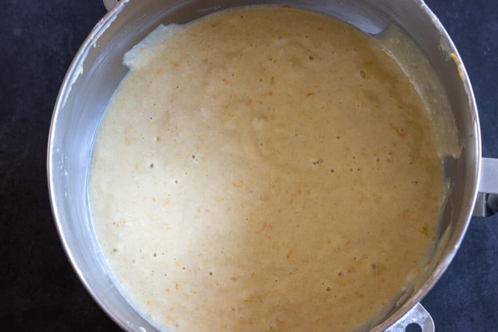 The dry ingredients are mixed with the wet ingredients.