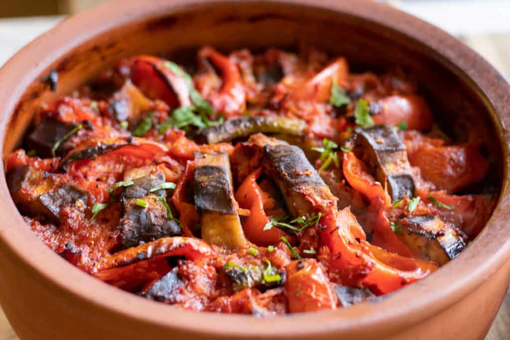The baked patlican kebabi out of the oven.