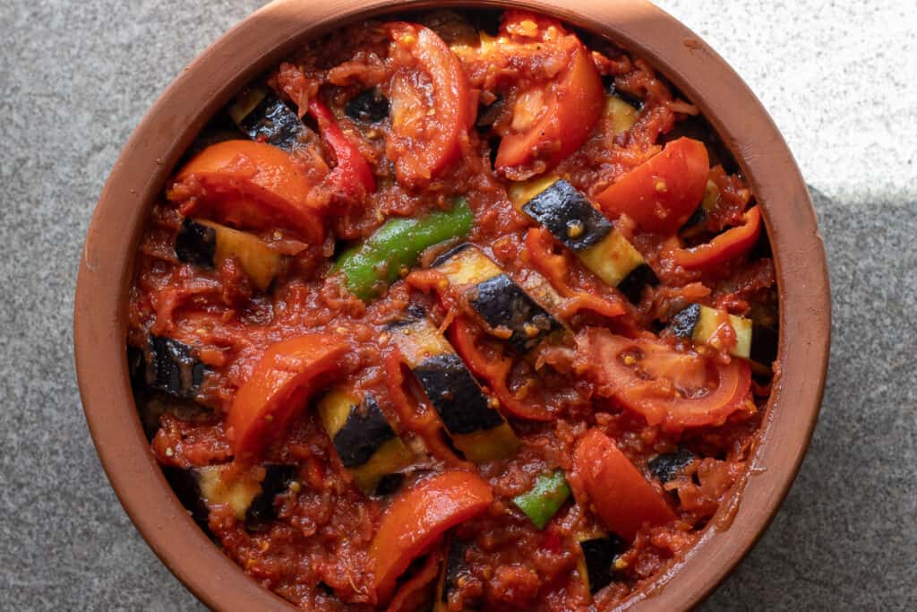 The sauce poured over the dish.