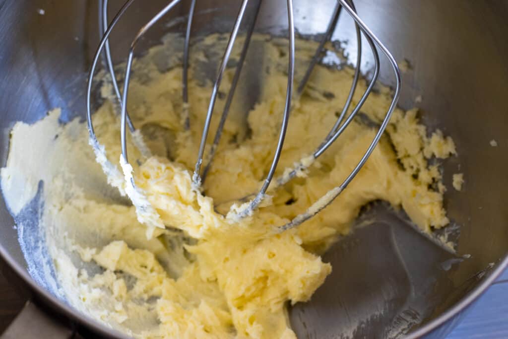 Butter and sugar beaten together until pale and creamy.