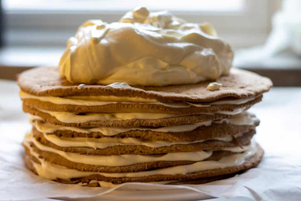8 layers of cake with frosting in between.