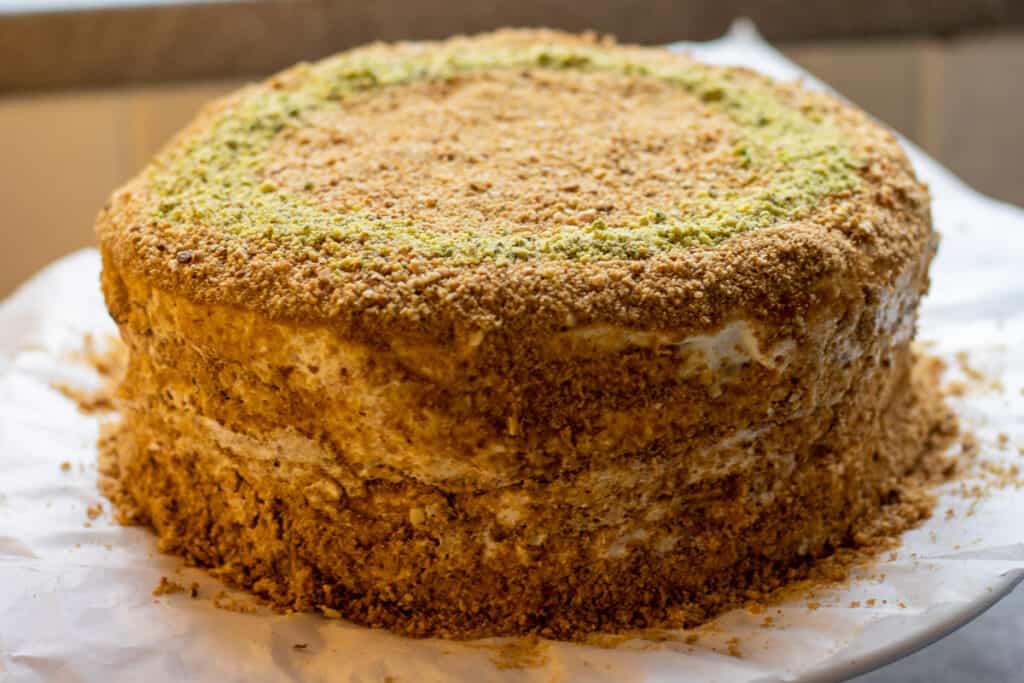 The frosting is covered with crumbs.