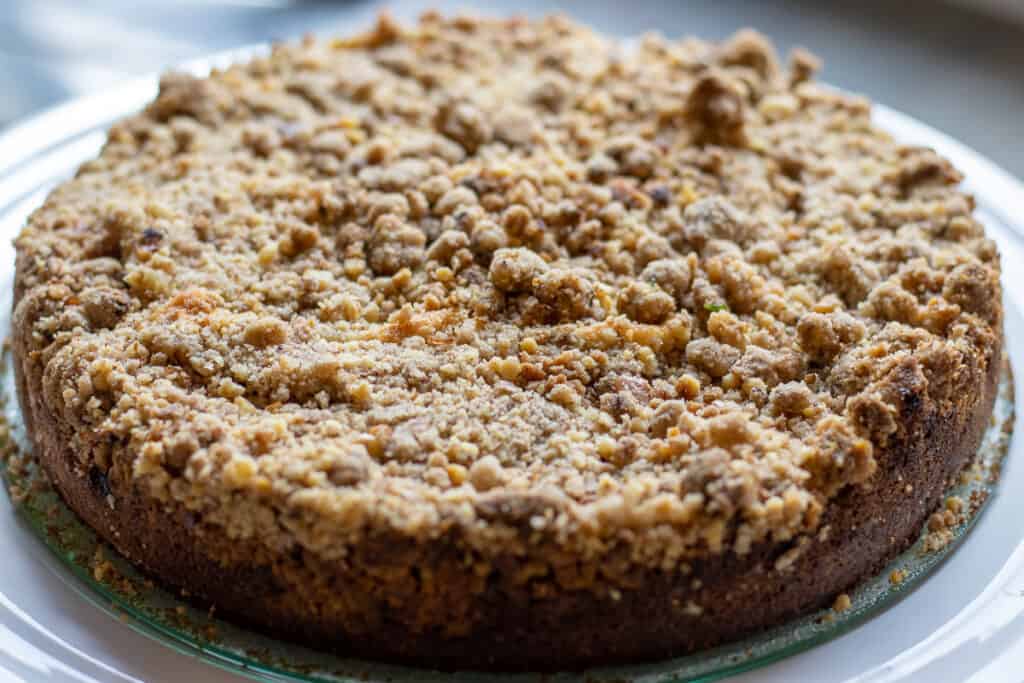 Apple crumb cake bakes until the crumb topping is golden brown.