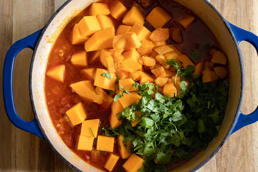 Diced squash and coriander added to the stew.