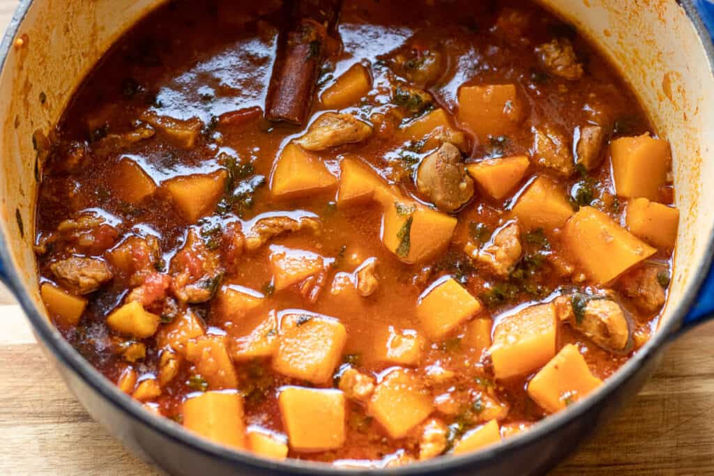Lamb tagine cooked until the lamb is fork tender.