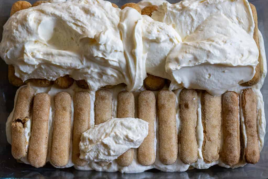 The rest of the mascarpone filling spread over the second layer of ladyfingers.