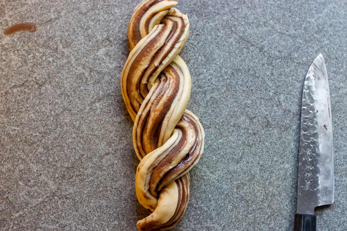 The two halves twisted together to shape the babka.