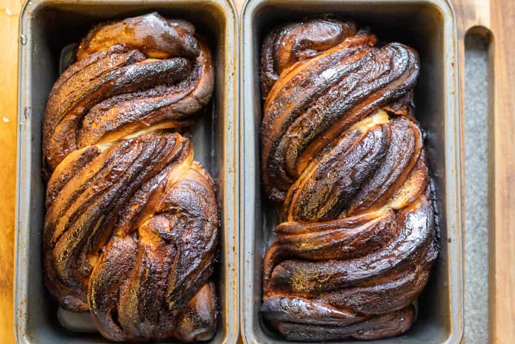 Two loaves of chocolate babka.