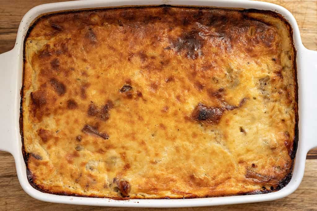 Elbasan tava is baked until golden brown.