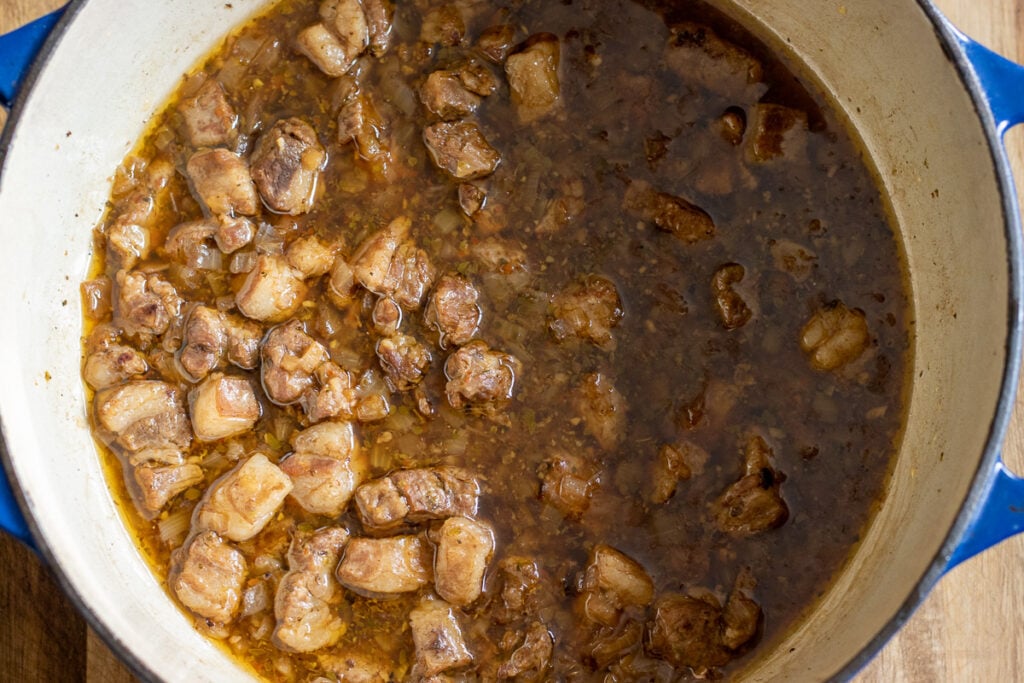 The lamb stew is cooked until the lamb is fork-tender.
