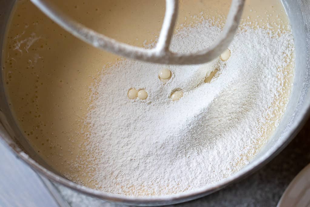 Flour added to the cheesecake mixture.