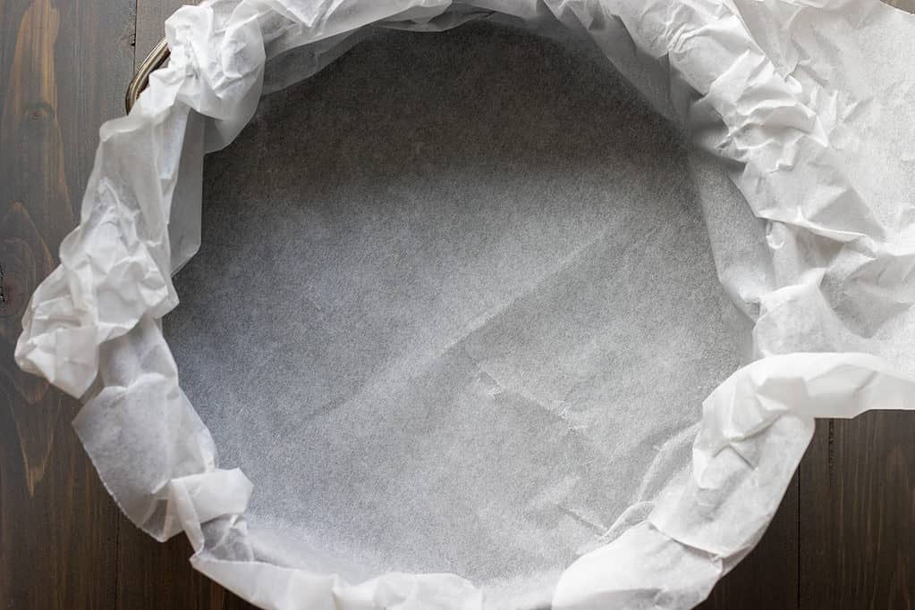 Springform cake tin lined with parchment paper.