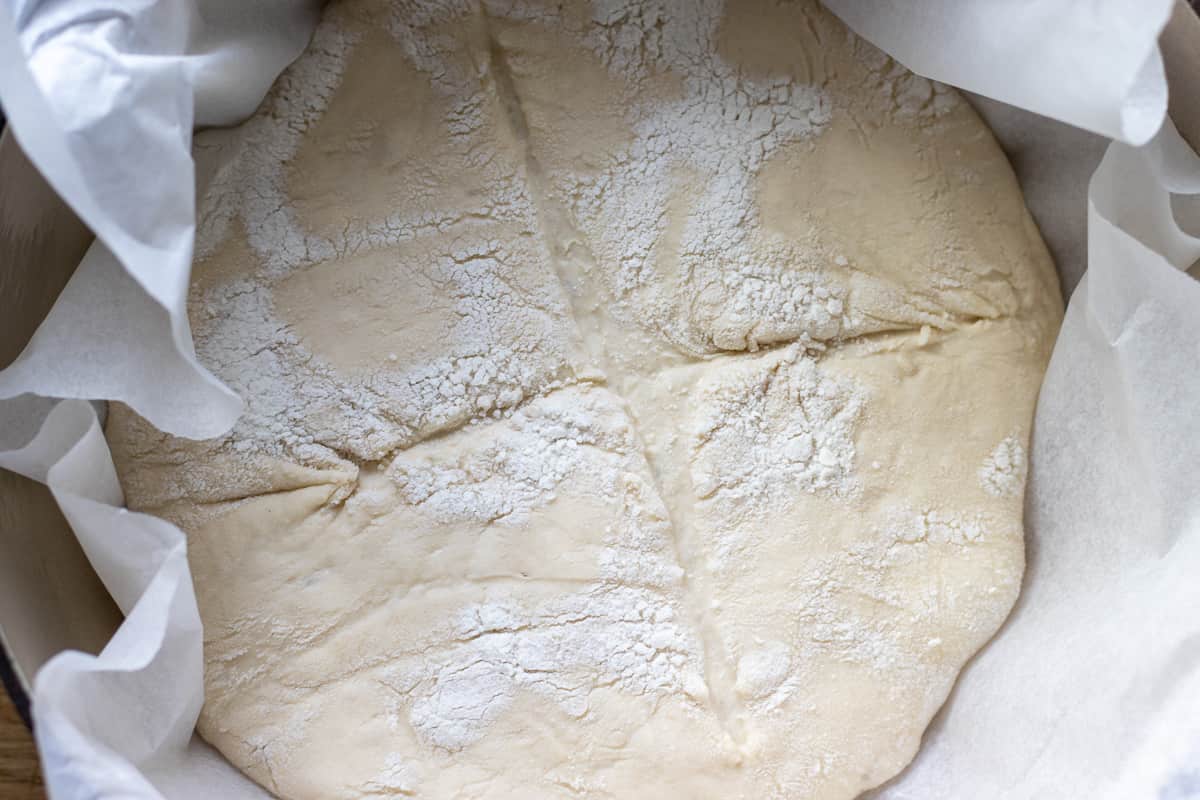 The dough has been transferred to a Dutch oven.
