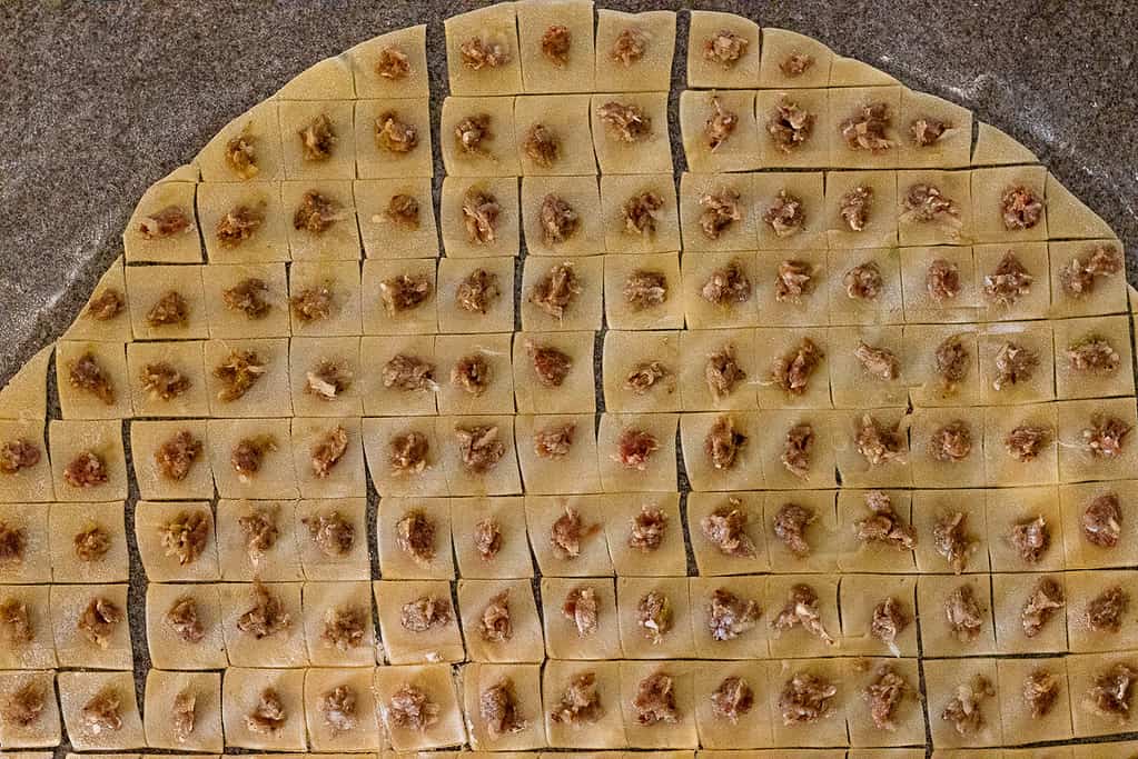 A small amount of meat filling placed on each dough square.