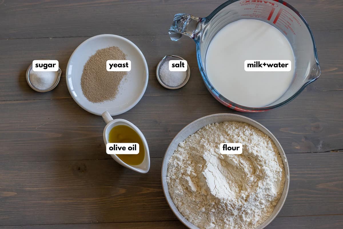 Labelled ingredients for the bread dough.