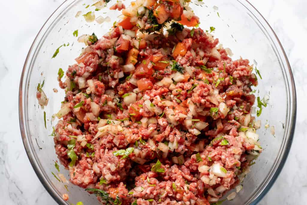 The ground beef filling mixed until combined.