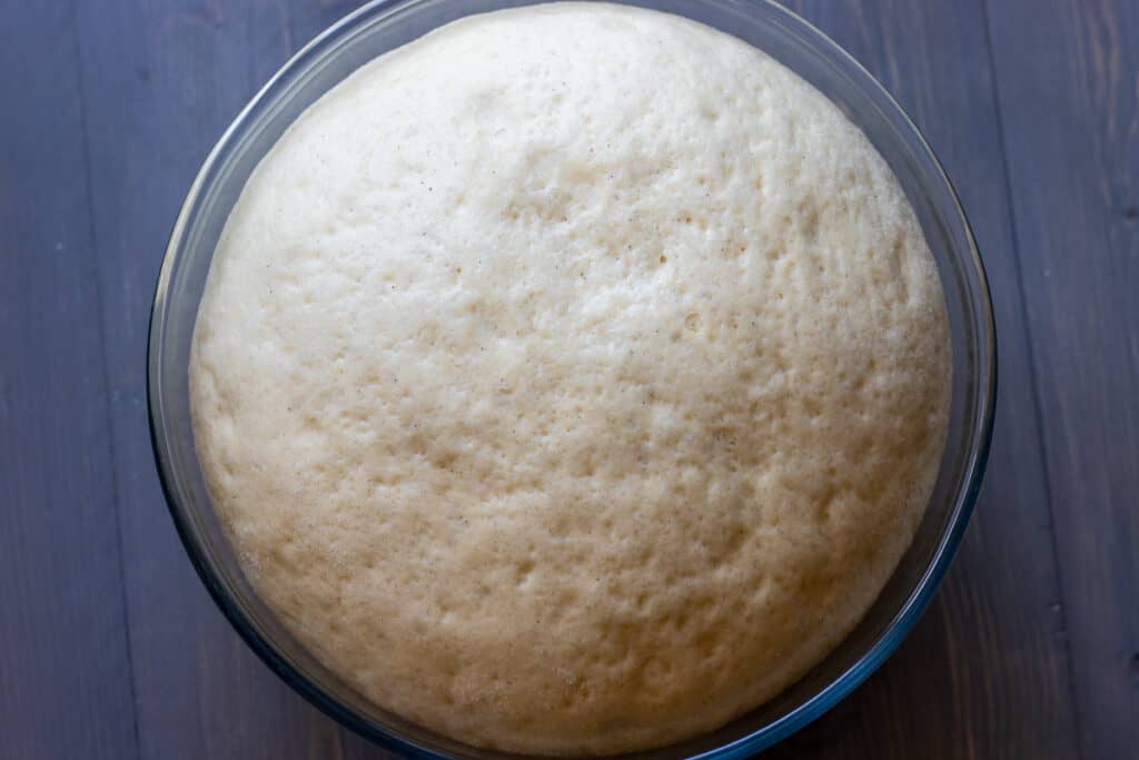 The dough has doubled in size after rising.