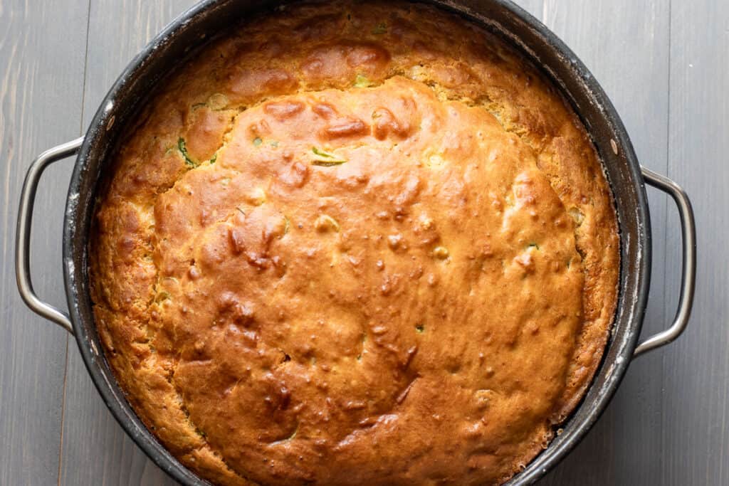 Mexican cornbread baked until golden brown.
