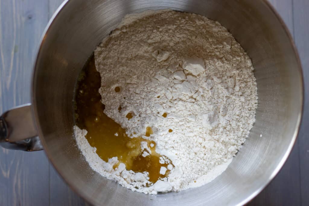 Flour, salt and olive oil in a mixing bowl.