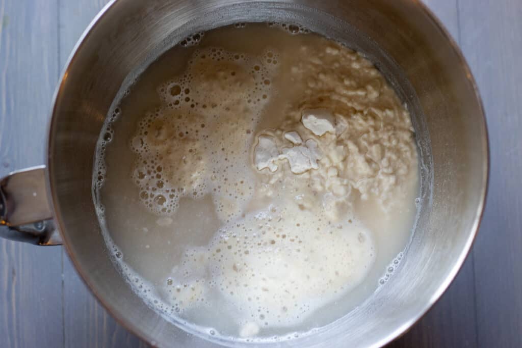 The yeast mixture added to the flour.