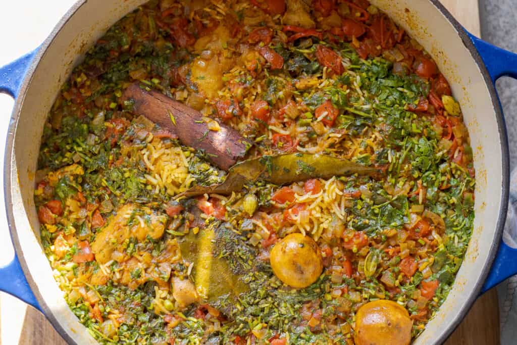 The rice is added and cooked.