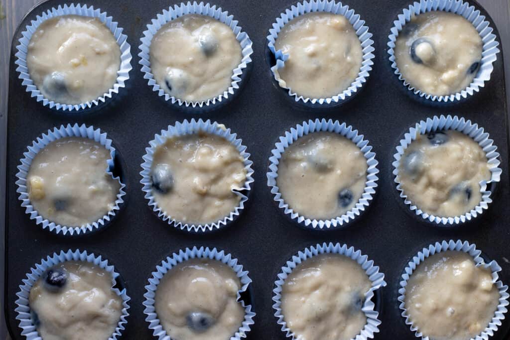 Muffin batter is distributed into muffin tins.