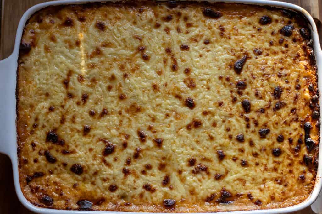 Pastitsio (Greek Lasagna) baked until golden brown.