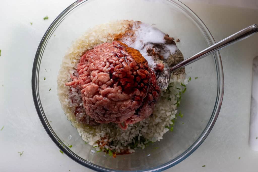 Ground beef, rice, chopped onions, tomato paste, and flavorings are placed in a bowl.