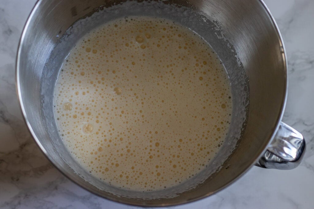 Eggs and sugar are beaten until pale and thick for fresh fig cake batter.