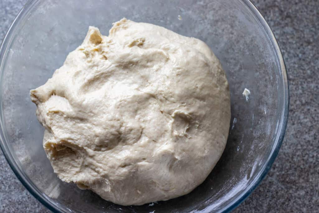 Kneaded barbari dough in a bowl before rising.