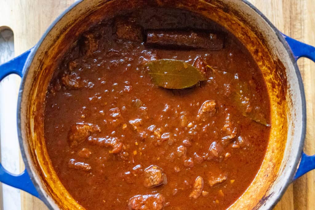 Stew is cooked until the meat is tender.