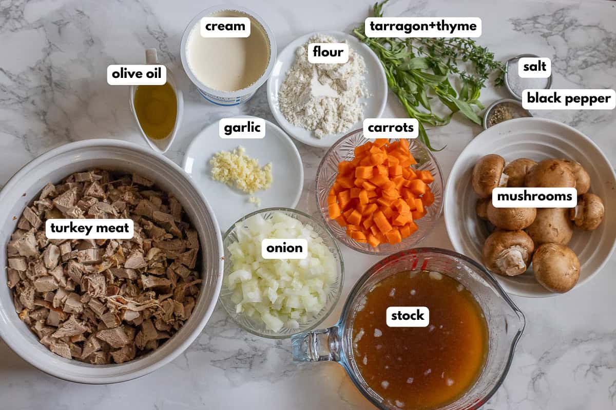 labelled picture of ingredients for the filling for leftover turkey pot pie recipe