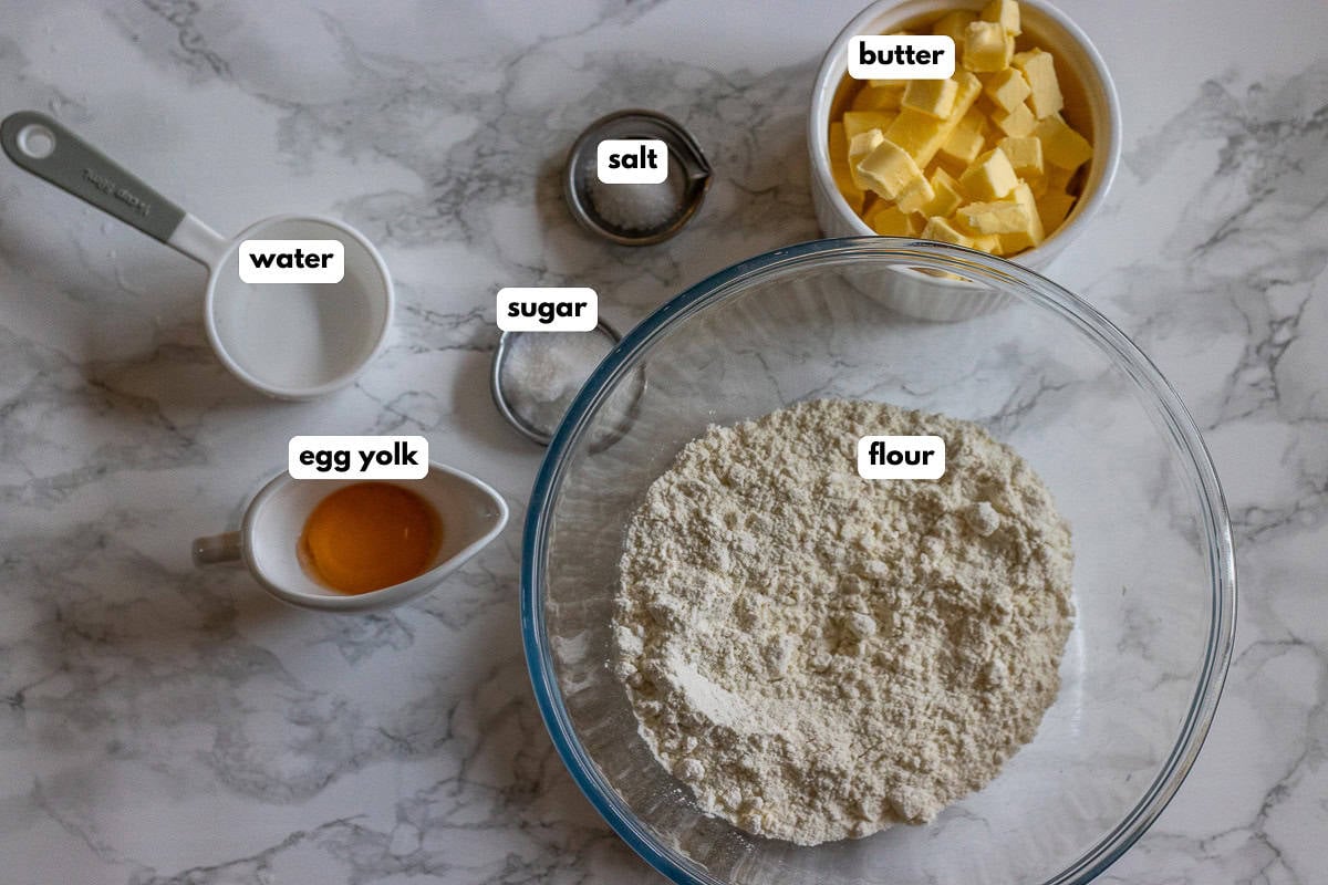 labelled picture of ingredients for buttery shortcrust pastry for turkey pie